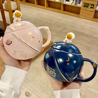 Astronaut Ceramic Coffee Mug with Lid and Spoon, Tea Cup, as a Gift, Porcelain Cup for Coffee, Tea, Milk, Water, 450 ml