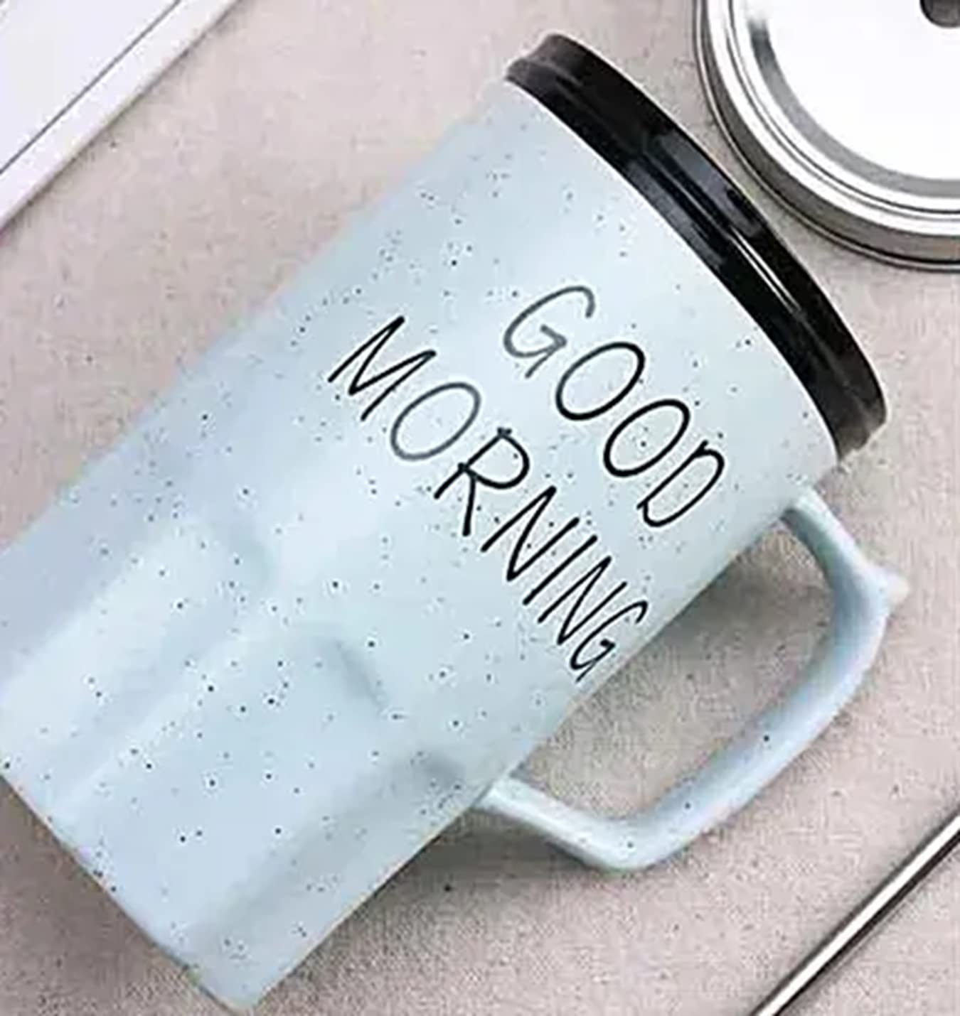 Good Morning Printed Ceramic Mug with Stainless Steel Straw for Cold Coffee and Ice Tea, 350 ml (Blue)