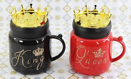 King & Queen Crown Lid Couples Coffee Mug With Phone Holder Ceramic Material Coffee Tea Mug Black & Red (400 ml) Gifts for Couples, Birthday Gifts For Your partner.