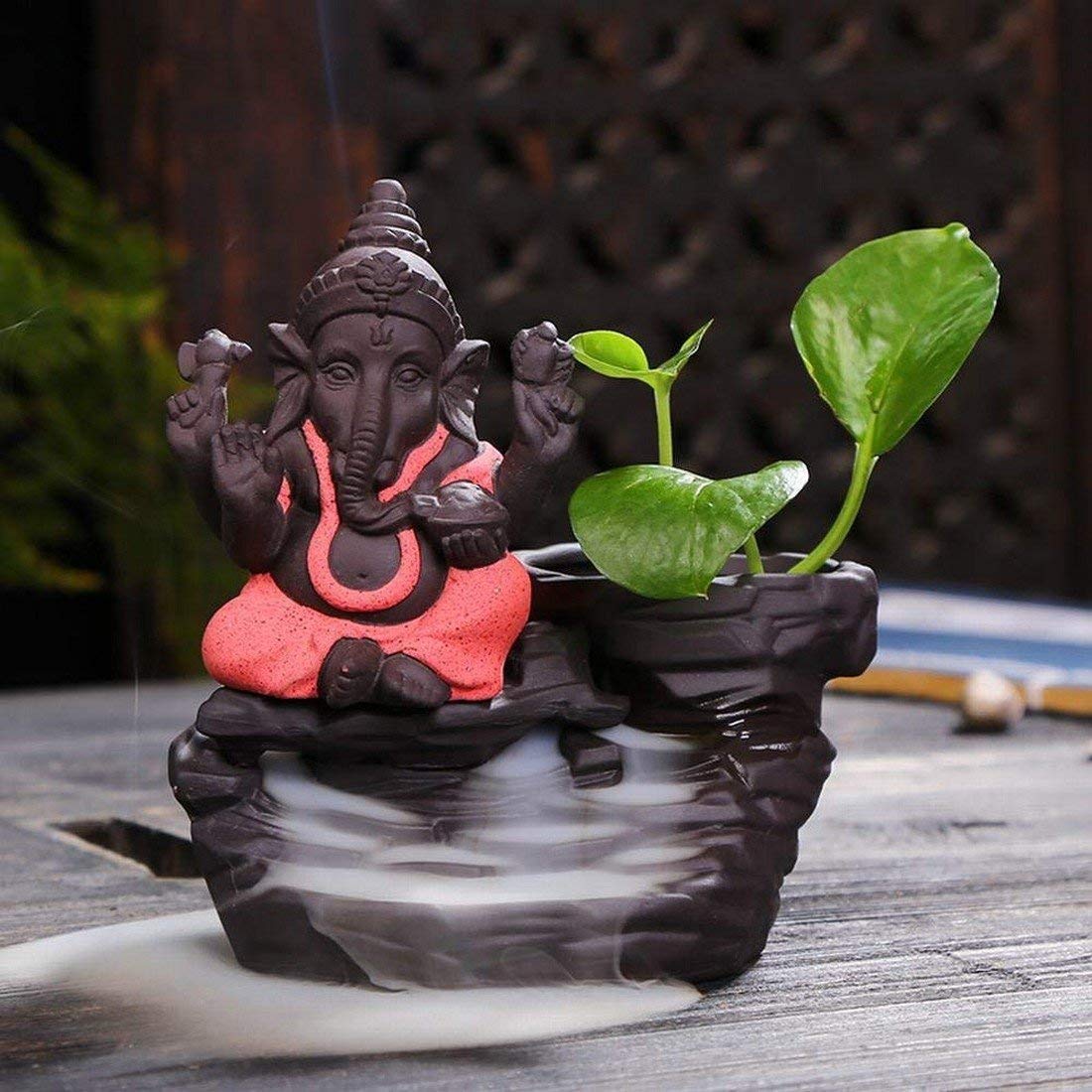 Lord Ganesha Incense Burner Smoke Waterfall Backflow Holder Ceramics Porcelain Ganesha Little Monk Smoke Fountain with 30 Incense Cones