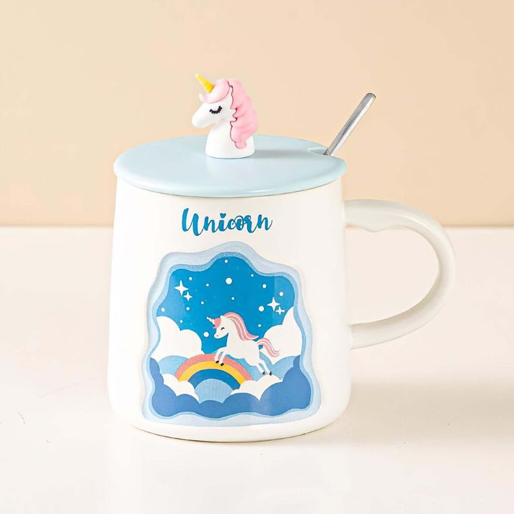 3D Unicorn Ceramic Mug with lid & Stainless Steel Spoon