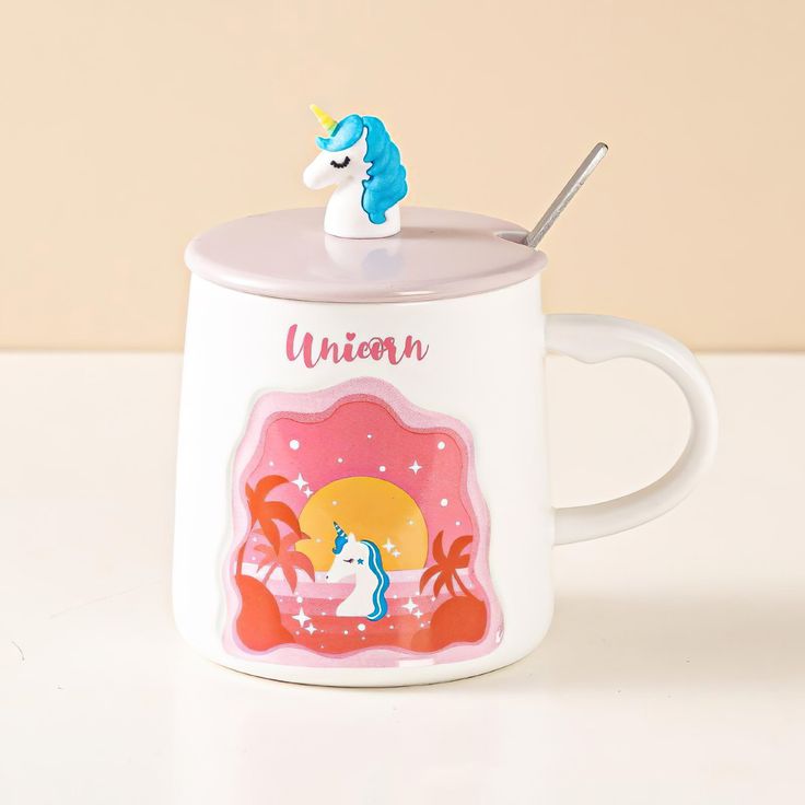 3D Unicorn Ceramic Mug with lid & Stainless Steel Spoon