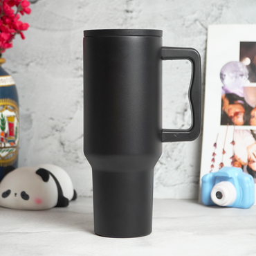 Matte Black Insulated Travel Mug with Handle & Straw