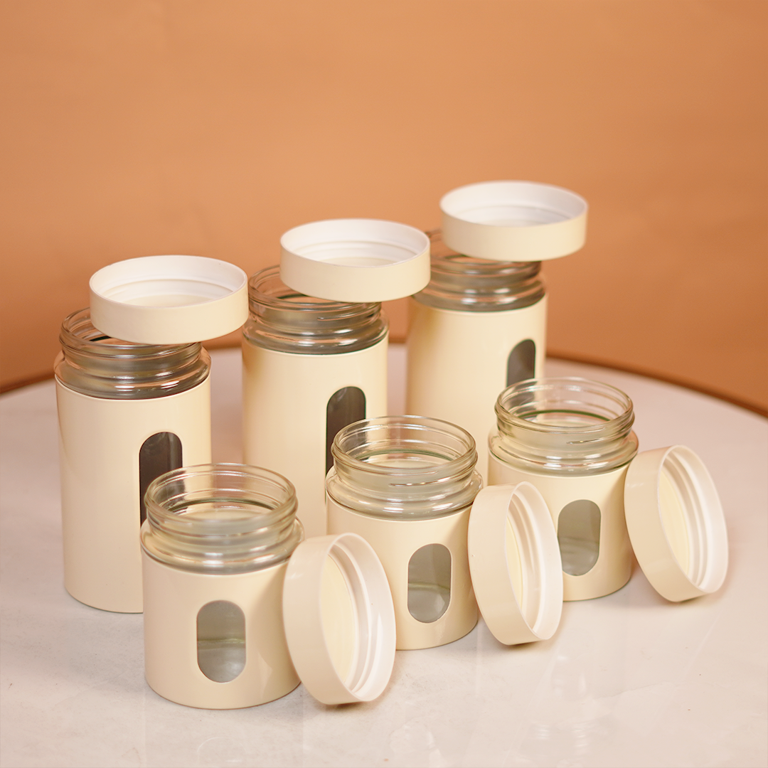 Window Metal Jacketed Glass Jars Set of 3 - Glass Containers for Kitchen Storage with Transparent See