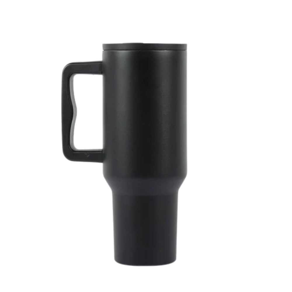 Matte Black Insulated Travel Mug with Handle & Straw