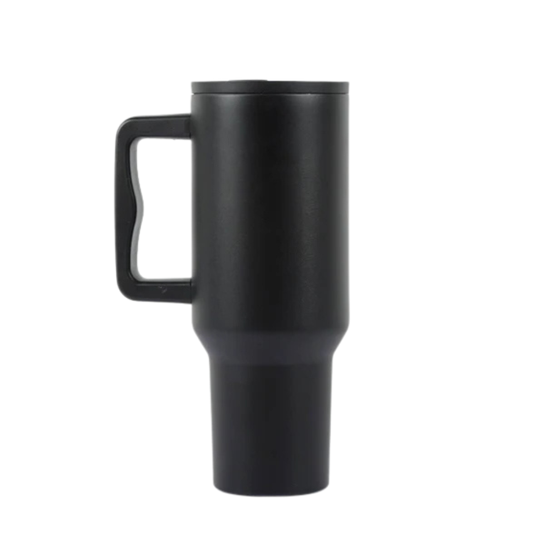 Matte Black Insulated Travel Mug with Handle & Straw