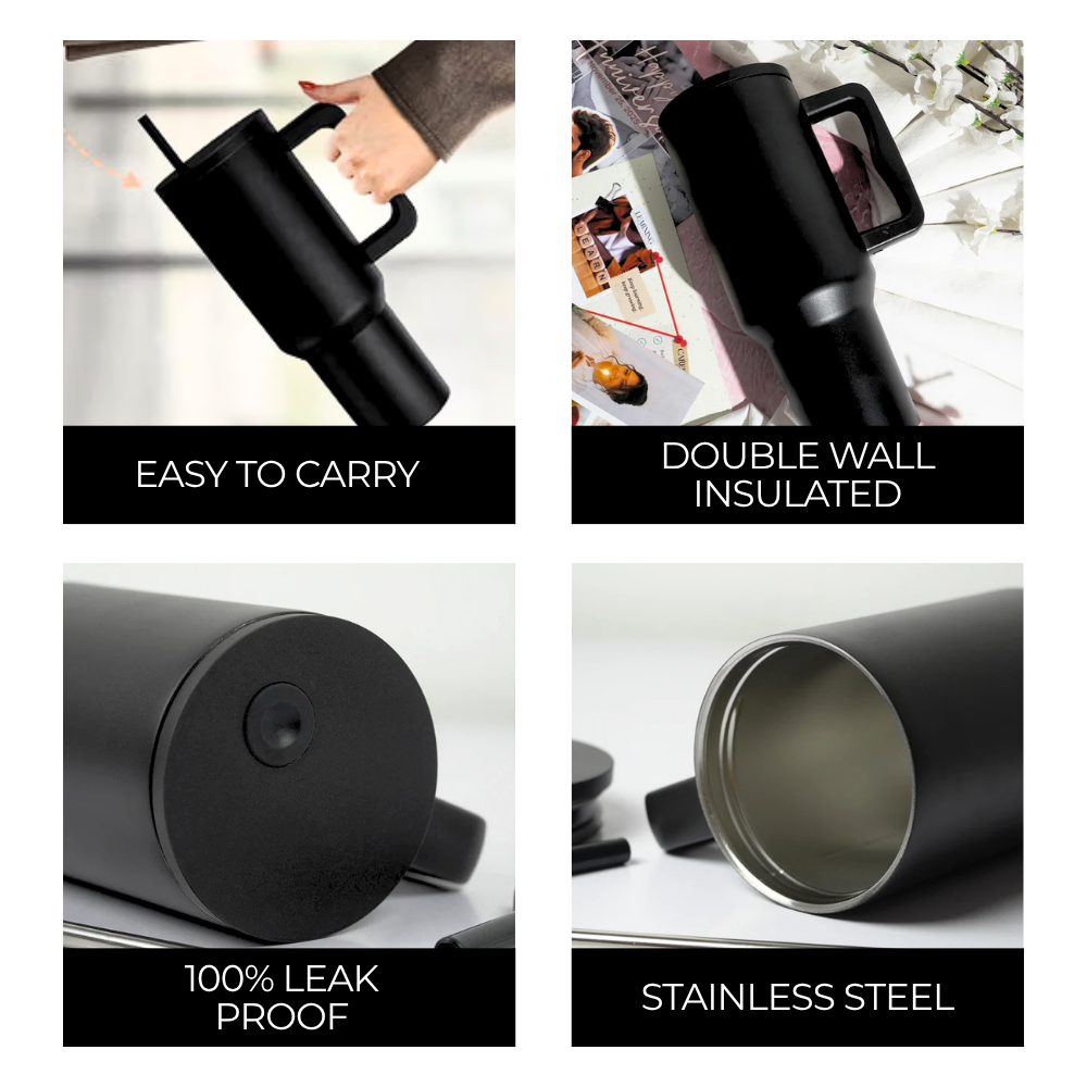 Matte Black Insulated Travel Mug with Handle & Straw
