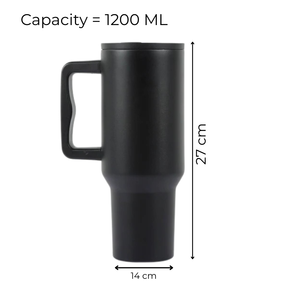 Matte Black Insulated Travel Mug with Handle & Straw