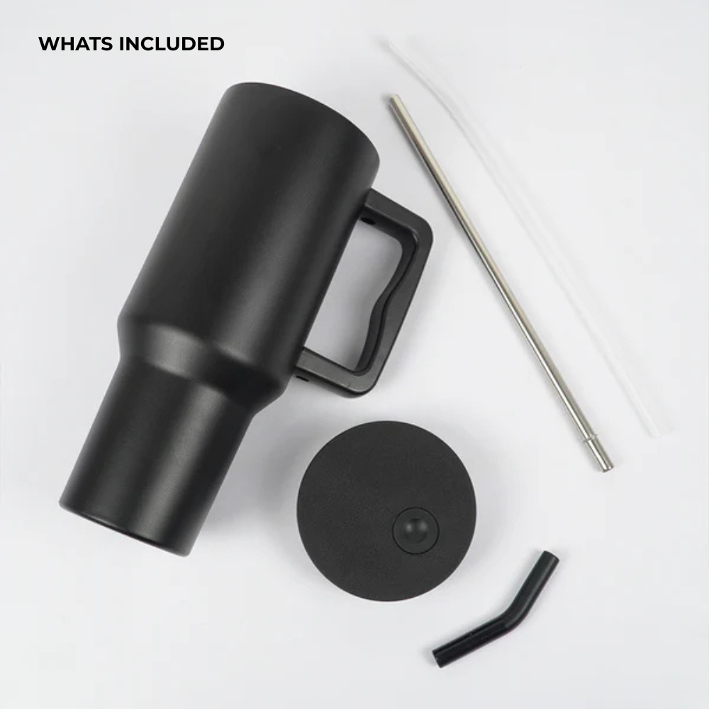 Matte Black Insulated Travel Mug with Handle & Straw