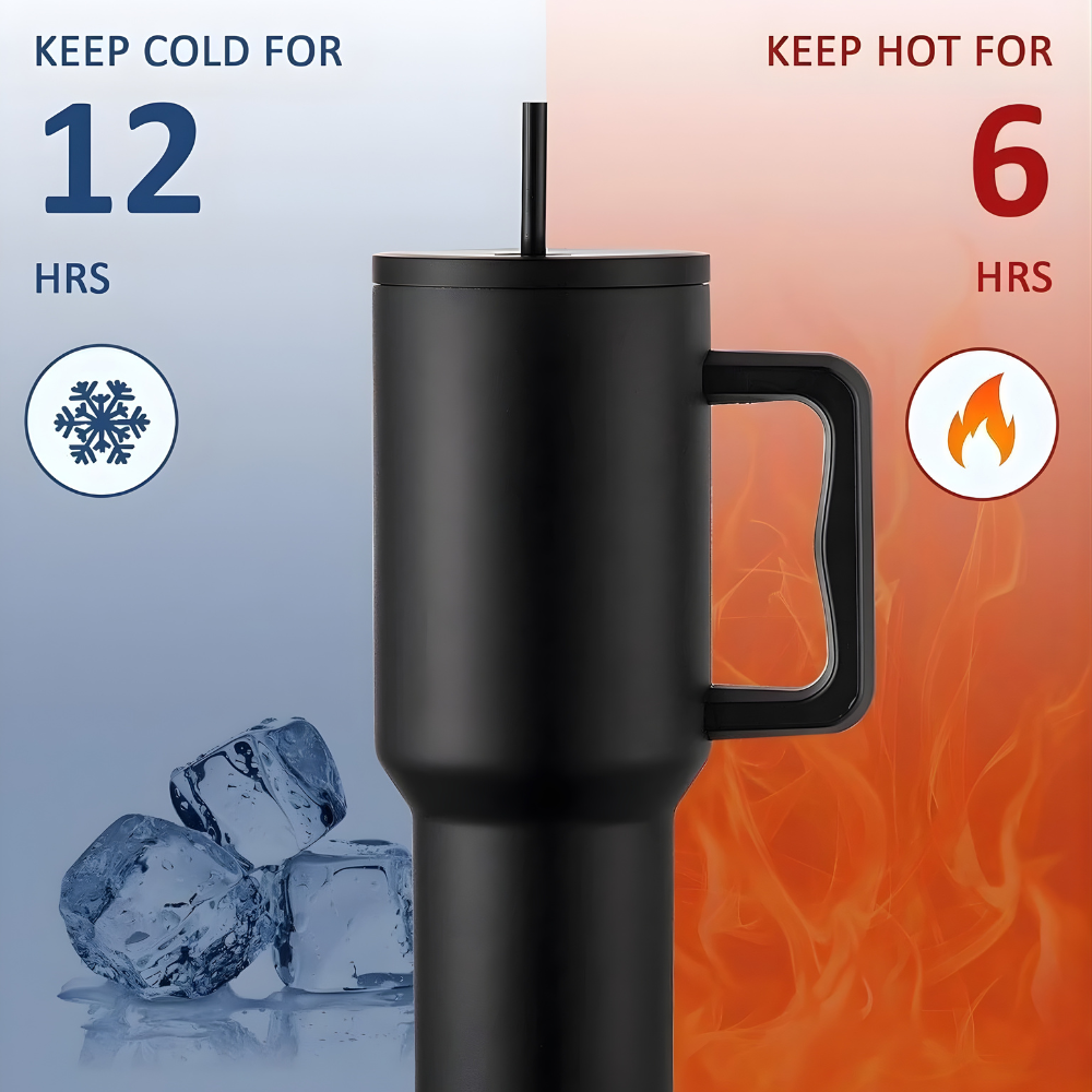Matte Black Insulated Travel Mug with Handle & Straw