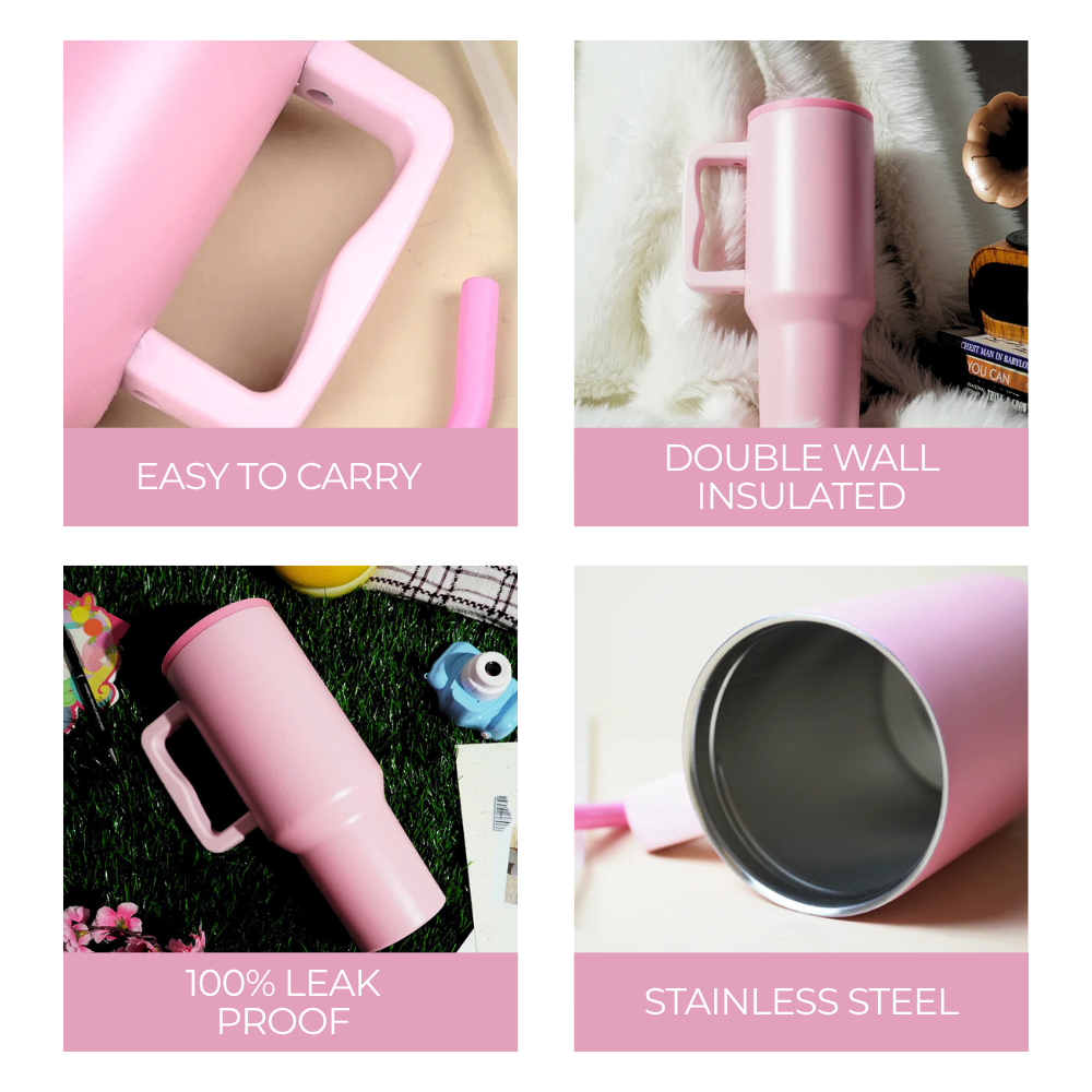 Blush Dark Pink Lid Premium Insulated Tumbler with Handle & Straw