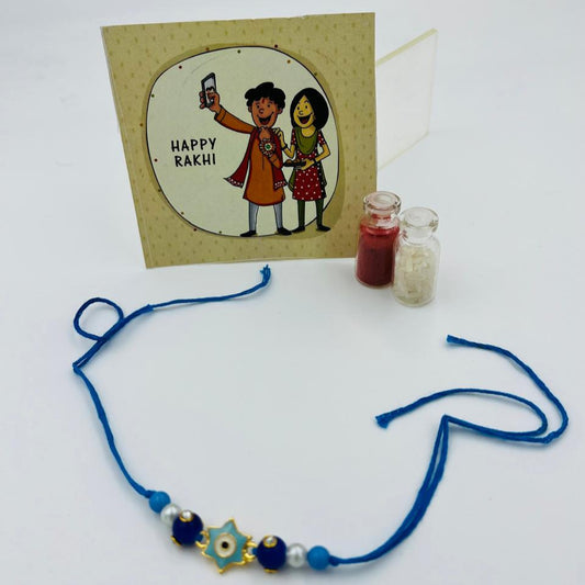 Blue Evil Eye Rakhi with Greeting Card & Roli Chawal Set