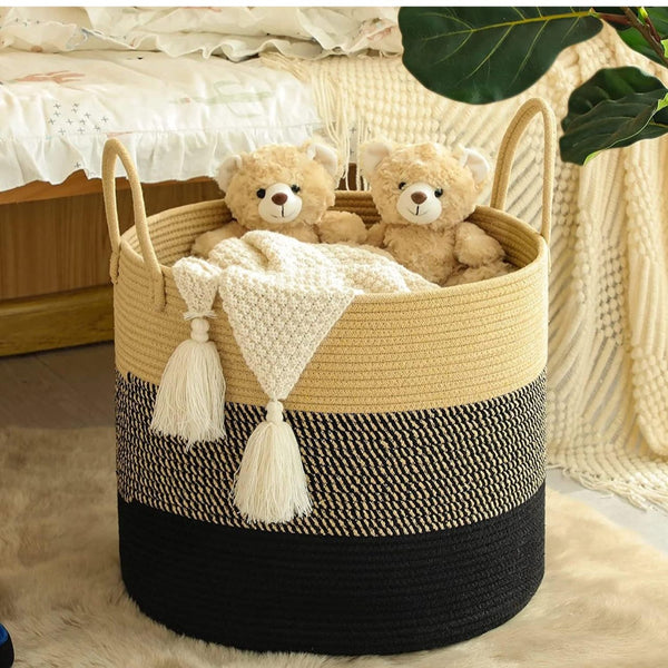 Beige & Black Cotton Multifunctional Basket – Sturdy Storage Organizer with Handles