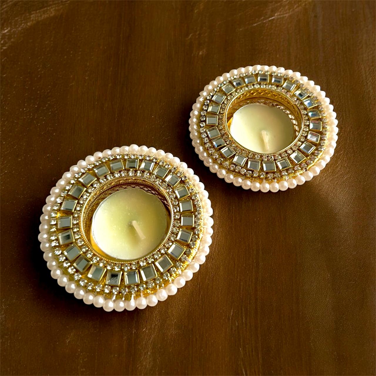 Elegant Pearl & Mirror Work Tealight Holders – Set of 2
