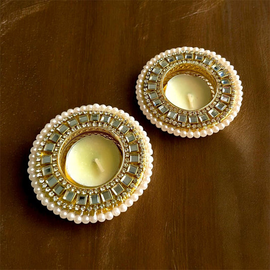 Elegant Pearl & Mirror Work Tealight Holders – Set of 2