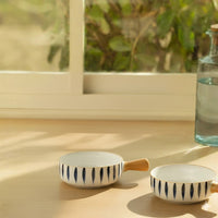 Elegant Ceramic Handle Bowl – Blue Leaf Pattern (1 Piece)