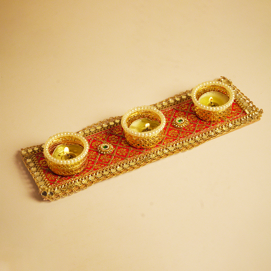 Traditional Red & Gold 3-Tealight Decorative Candle Holder