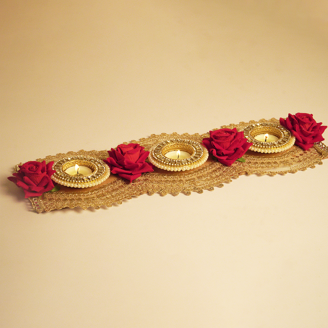 Golden Lace & Red Rose 3-Tealight Decorative Holder