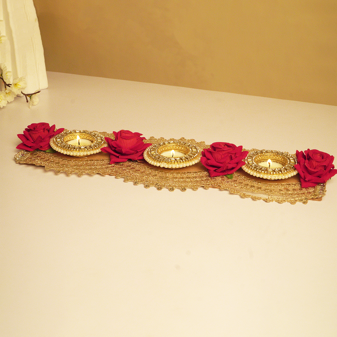 Golden Lace & Red Rose 3-Tealight Decorative Holder