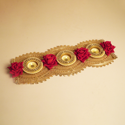 Golden Lace & Red Rose 3-Tealight Decorative Holder