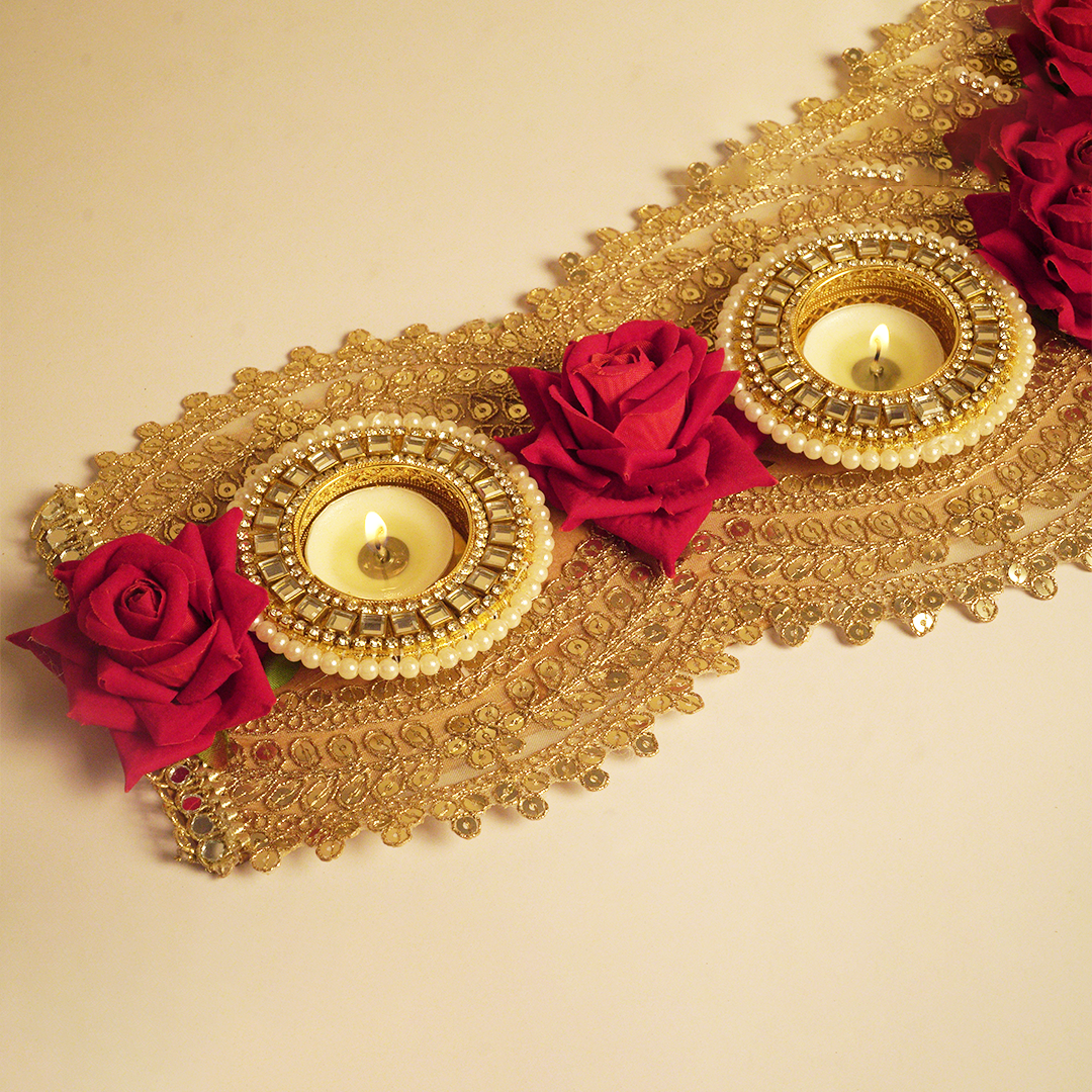 Golden Lace & Red Rose 3-Tealight Decorative Holder
