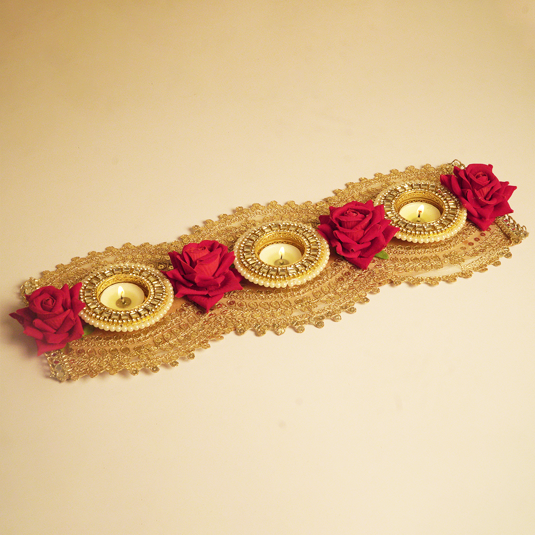 Golden Lace & Red Rose 3-Tealight Decorative Holder