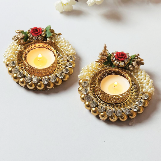 Luxury Pearl & Floral Decorative Tealight Holders – Set of 2