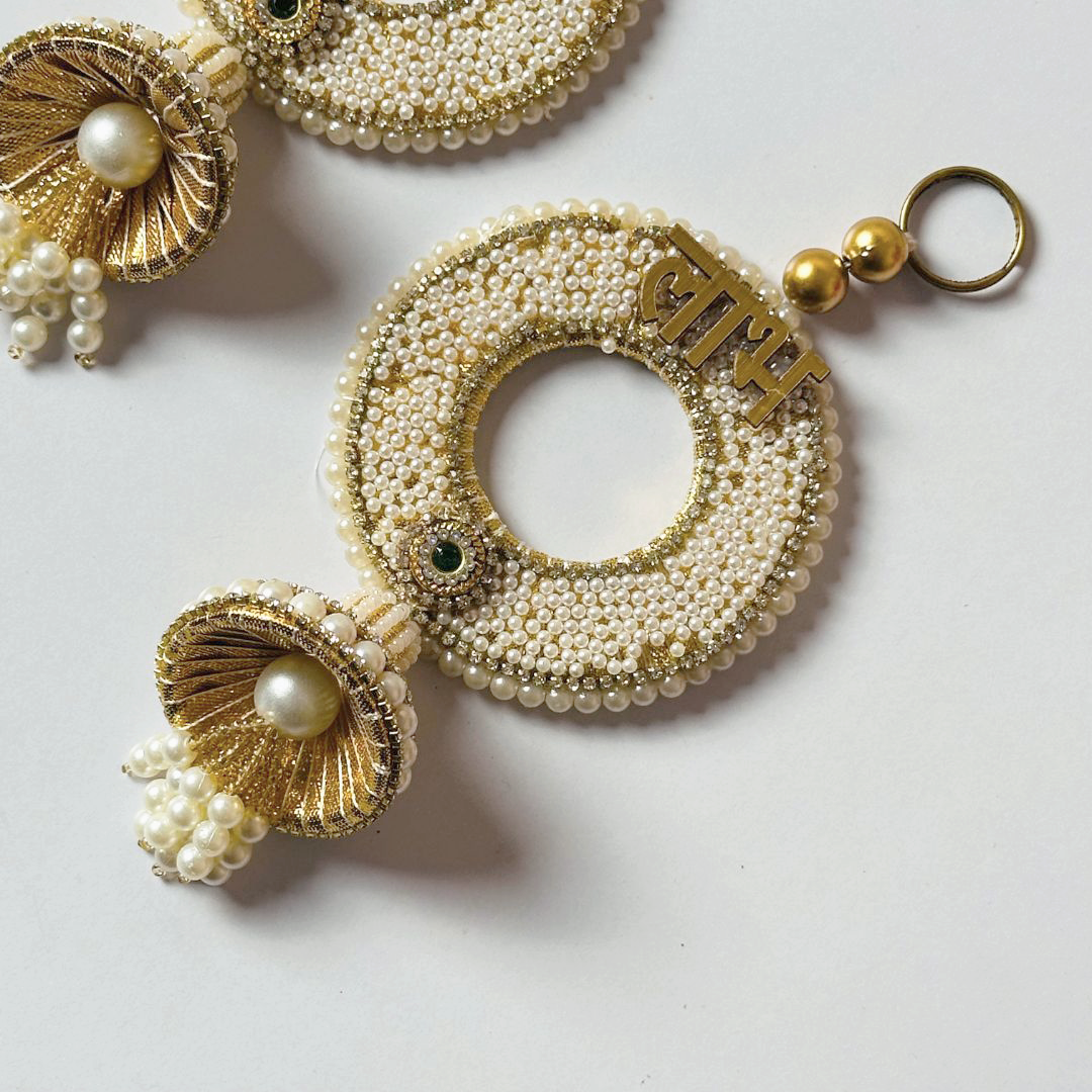 Elegant “Shubh Labh” Pearl & Bead Wall Hanging Pair – Festive Door Décor