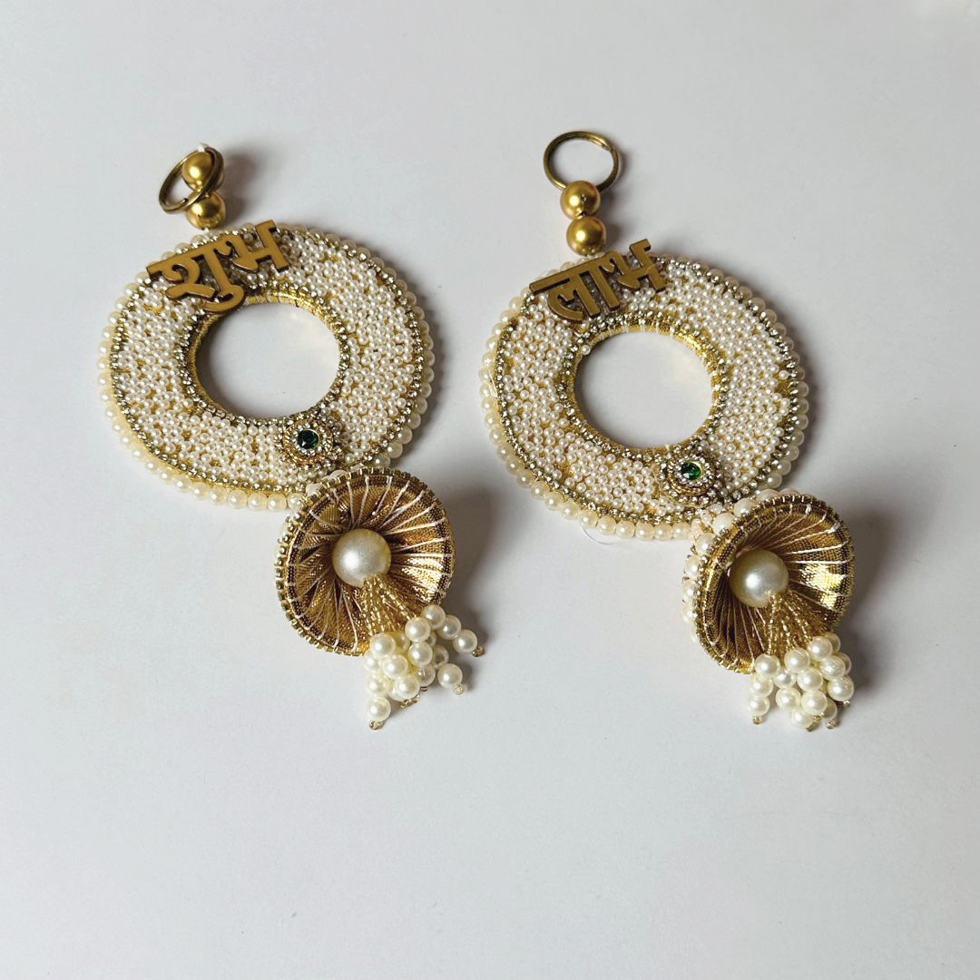 Elegant “Shubh Labh” Pearl & Bead Wall Hanging Pair – Festive Door Décor