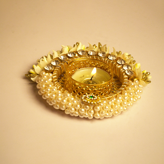 Elegant Pearl & Stone Decorative Diya Set of 2 – Festive Home Décor